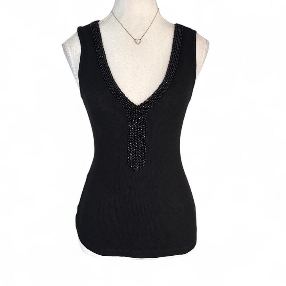 Y2K 2000s Black beaded cotton tank top rhinestone along the neckline size L